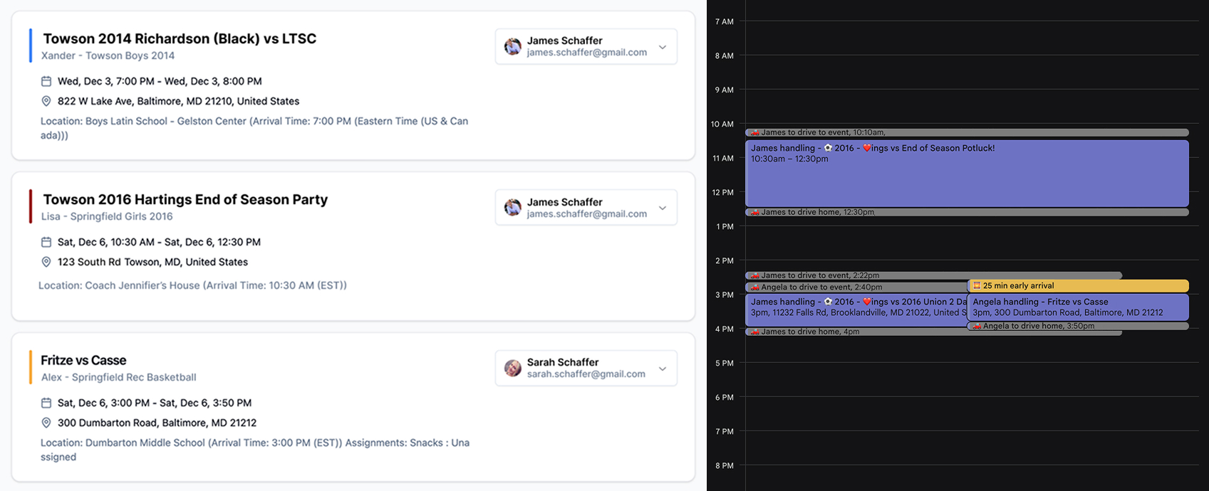 Koordie app showing family calendar coordination